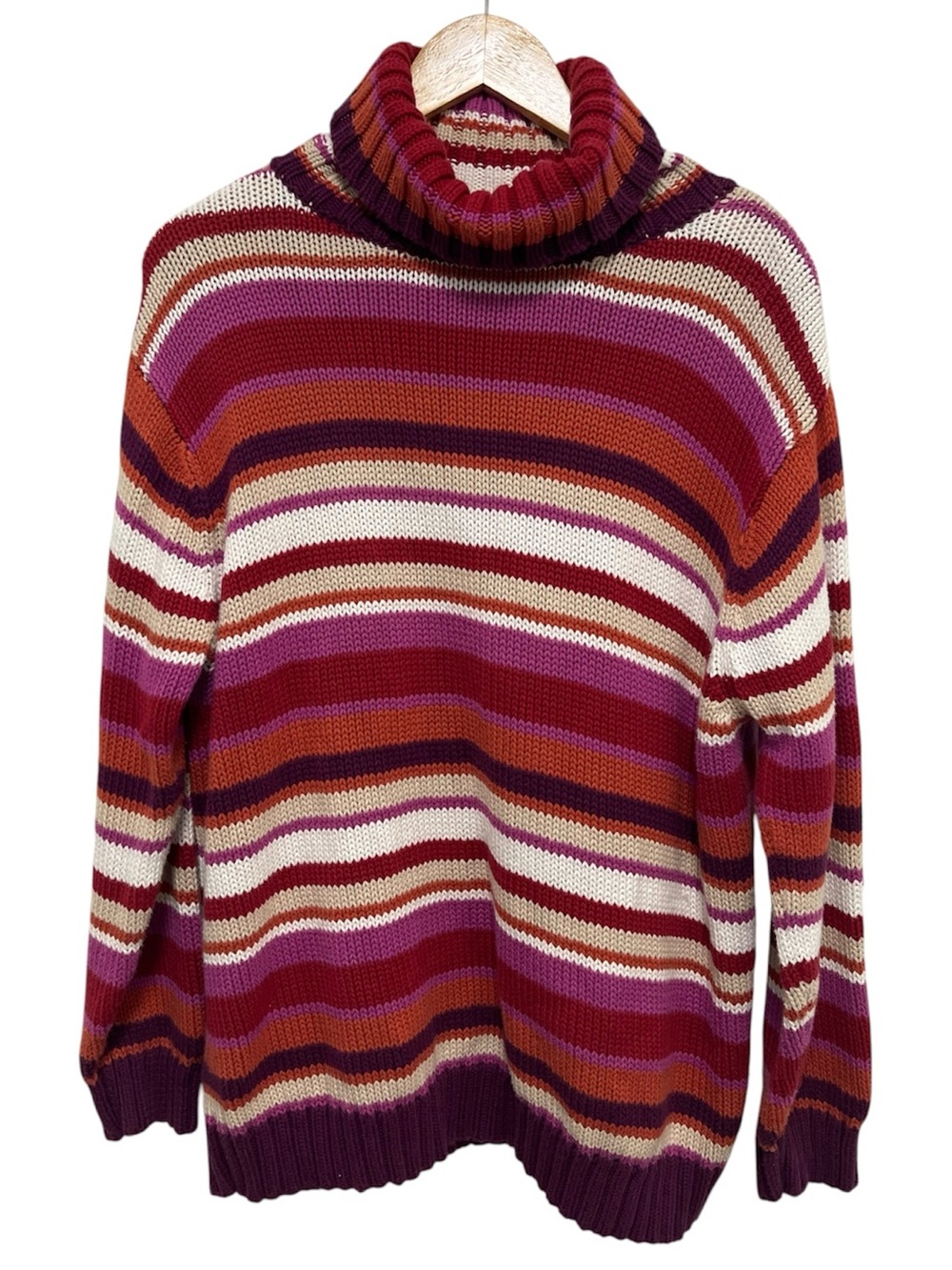 British Khaki Vintage Striped Cotton Turtleneck Sweater Chunky Knit Size 1X